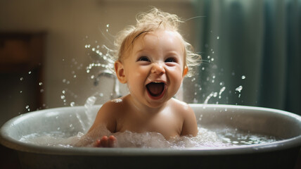 a child laughing in bathtub