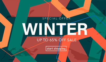 Winter Sale with Graphic Hexagon Stripe Lines. Special Offer 65%. Background Abstract Pattern for Advertising, Web, Social Media, Poster, Banner, Cover. Merry Christmas and Happy New Year.