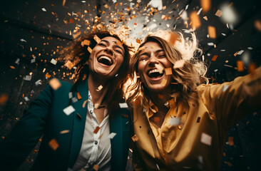 Couple of friends having fun and throwing confettis