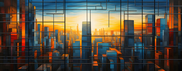 a city at sunrise with glass windows in the style
