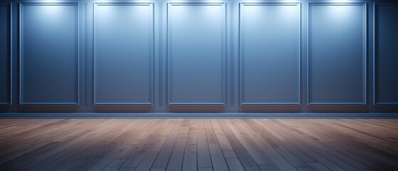 wood floor with dark black wall with blue lighting