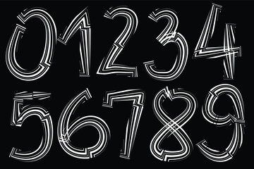 White numbers . Grunge texture . Screen print . Vector tire track alphabet numbers. Car tread silhouette . Tyre print .Wheel tire track