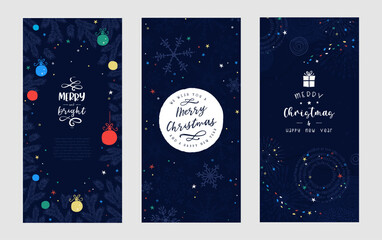 Naklejka premium Elegant hand drawn Christmas cards templates. Ornatl decorative frames with copy space, fireworks, snowflakes and greetings. Vector background.