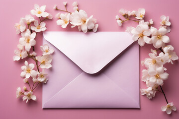 Flat lay composition with hand-made paper envelope in pastel pink filled with delicate spring flowers, copy space for banner card