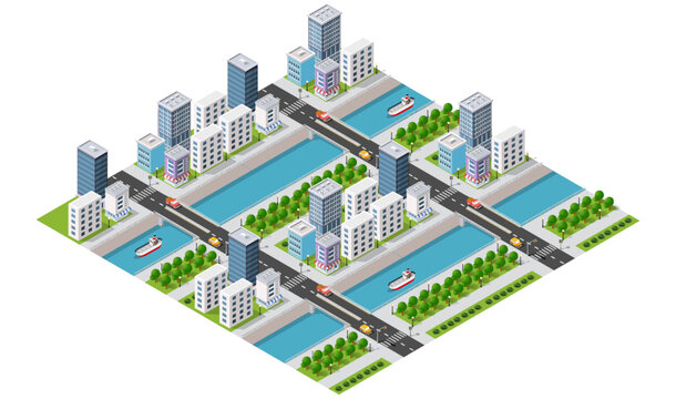 Isometric illustration of a city waterfront with a river, yachts and buildings