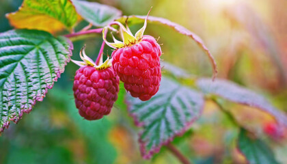 ripe raspberries on bush in sunny fall forest, close up