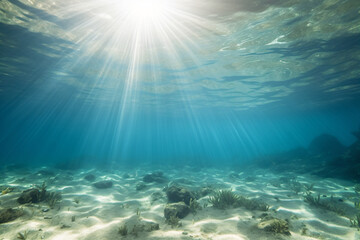 a sun shines brightly over a sandy ocean floor