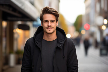 Fototapeta premium a man in a black jacket standing on a city street