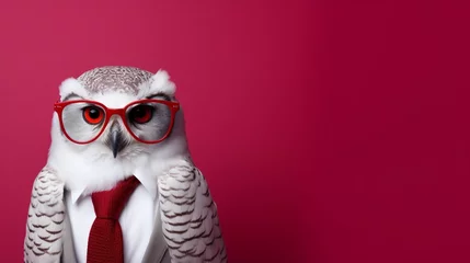 Poster Fashionable owl sporting stylish glasses, photographed against a sophisticated burgundy background © GraphicXpert11
