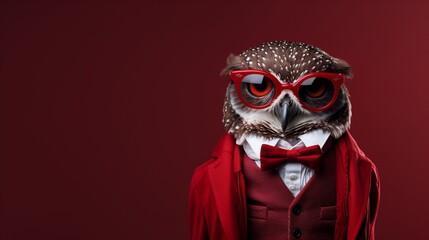 Fashionable owl sporting stylish glasses, photographed against a sophisticated burgundy background