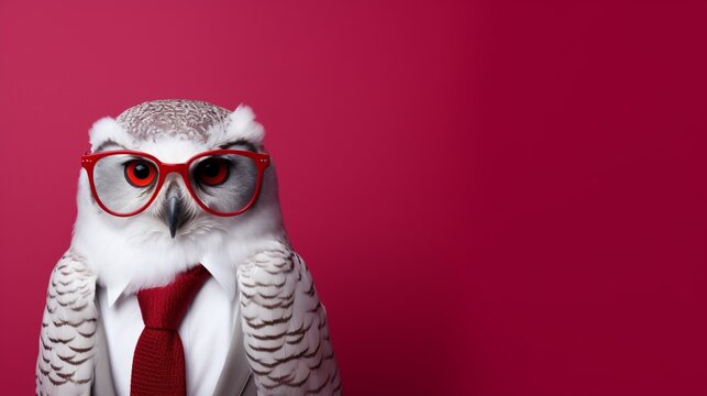 Fashionable owl sporting stylish glasses, photographed against a sophisticated burgundy background
