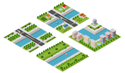 Isometric illustration of a city waterfront with a river, yachts and buildings and houses