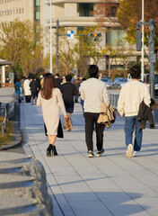 冬の東京都の皇居外苑の前の道路で歩く人々の観光客の姿