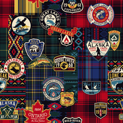 Vintage northern outdoor discovery adventure camping badge with tartan plaid America native fabric patchwork background vector seamless pattern 