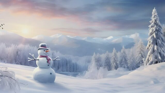 Christmas decorations with cute snowmen decorated with falling snow. seamless looping time-lapse virtual video animation background.generate with ai
