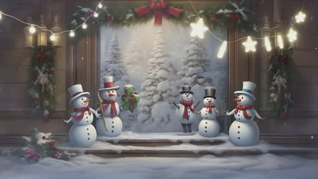 Christmas decorations with cute snowmen decorated with falling snow. seamless looping time-lapse virtual video animation background.generate with ai