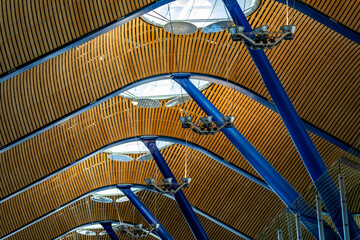 Ceiling, lights and light windows of the satellite terminal T4 of the Barajas airport, in the Spanish city of Madrid, this international airport is one of the largest and most important in the world.