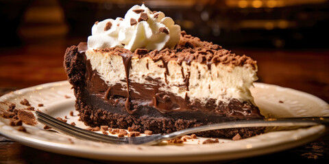 Mississippi Mud Pie with layers of chocolate pudding, whipped cream, and cookie crust