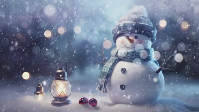 Christmas decorations with cute snowmen decorated with falling snow. seamless looping time-lapse virtual video animation background.generate with ai