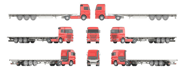 A mock-up of a flatbed truck on a white background for vehicle branding, corporate identity. The camera is located at the horizon level. 3d illustration. Orthographic (equiangular) view.