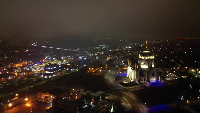 St Paul downtown at night with foggy and gloomy air. Cathedral and State capitol