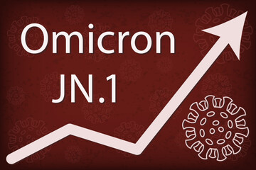 A new Omicron variant JN.1 is a descendent of Pirola or BA.2.86. The arrow shows a dramatic increase in disease. White text on dark red background with images of coronavirus. - obrazy, fototapety, plakaty