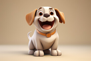 Happy animated puppy with a tan collar on beige background.