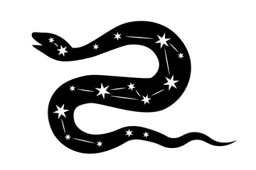 Simple illustration of snake with stars. Symbol of transformation, healing and wisdom. Cosmic symbol. Symbol, sign, black, icon, silhouette, tattoo. - obrazy, fototapety, plakaty