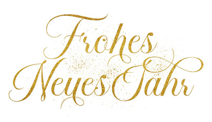 Frohes Neues Jahr (Happy New Year) German text written in elegant script lettering with golden glitter effect isolated on transparent background