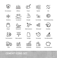 Cement and concrete icons set. The outline icons are well scalable and editable. Contrasting elements are good for different backgrounds. Ideal for use in design, packaging, etc. EPS10.