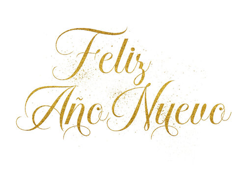 Feliz Año Nuevo (Happy New Year) Spanish text written in elegant script lettering with golden glitter effect isolated on transparent background