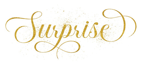 Word Surprise written in elegant script lettering with golden glitter effect isolated on transparent background