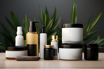 environmentally friendly Blank cosmetic product line with white color and copy space makeup, and skin care items, luxury nature and gray background