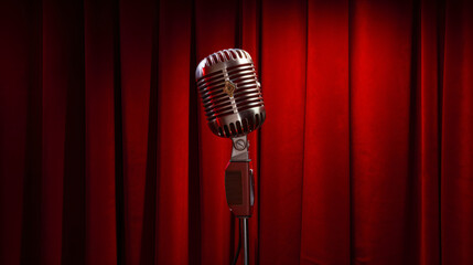 Vintage Microphone over Red Curtains
