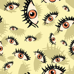Vector seamless yellow pattern, surreal style. Cartoon eyes, playfulness and unpredictability, mystery and creativity