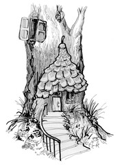 Small house in the forest. Gnome's house. Tree house. Forest dweller's hut.