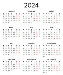2024 german calendar. Printable, editable vector illustration for Germany. 12 months year kalender