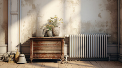 Vintage radiator standing next to the wall - obrazy, fototapety, plakaty
