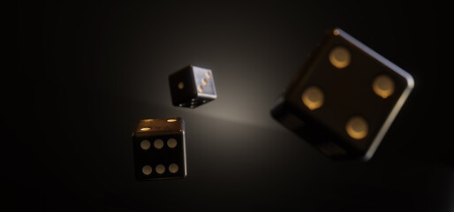 A bunch of thrown dices rolling on the table against dark background - obrazy, fototapety, plakaty