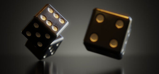 A bunch of thrown dices rolling on the table against dark background