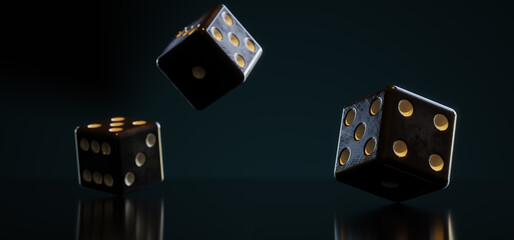 A bunch of thrown dices in warm light against dark background
