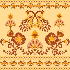 ikat pattern in yellow and brown colors. Vector tribal background