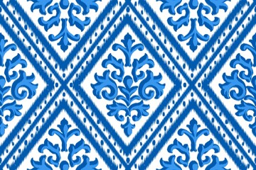 white and blue ikat ethnic design background Seamless curved wave pattern in tribal, abstract folk art embroidery style. jewelry print Designed for carpets, clothing, fashion, fabric.