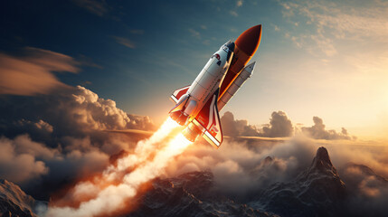 Vintage rocket ship launching to space