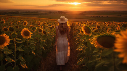 Fototapeta premium Back view of a woman amid a sunflower field during the golden hour of sunset
