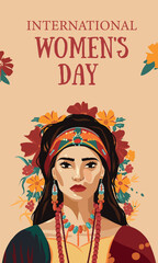 Vector fashion illustration for International Women's Day, beautiful woman in flowers, portrait. Place for text, postcard on a soft pastel background. Women empowerment, feminism day