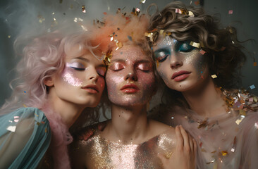 Portrait of  young girls with glossy make up celebrating party with confetti