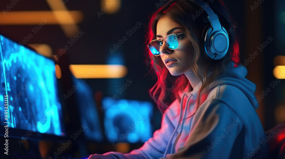 Wall mural a programmer girl who is using her modern computer
