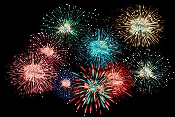 Nighttime extravaganza of celebration. Dazzling fireworks paint sky with brilliant colors marking joyous occasion. Each burst spectacular display of light and energy creates stunning in dark night