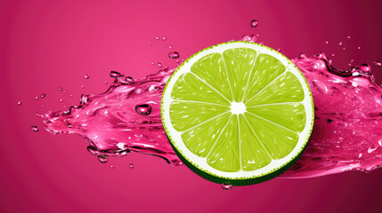 Vibrant lime slice amidst a splash of pink liquid, creating a dynamic contrast. This image screams summer, refreshment, and energy. Ideal for beverages, health, and lifestyle-themed designs.
